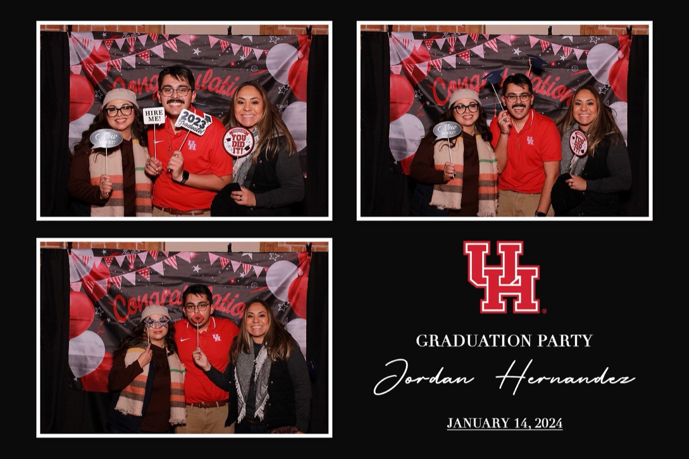 A finished 4×6 graduation party print of friends with signs