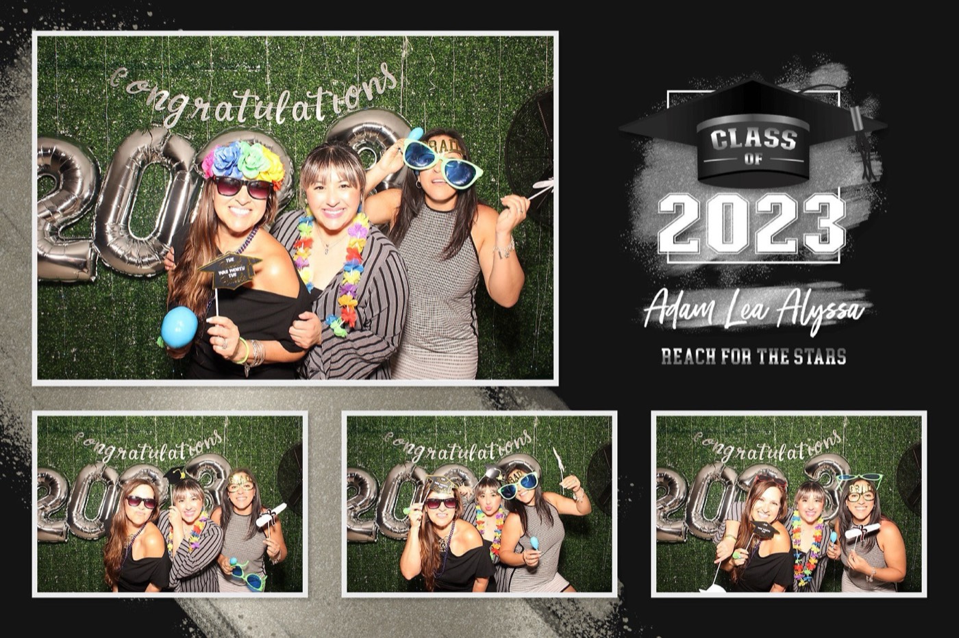 A finished 4×6 Class of 2023 graduation print of guests in party glasses