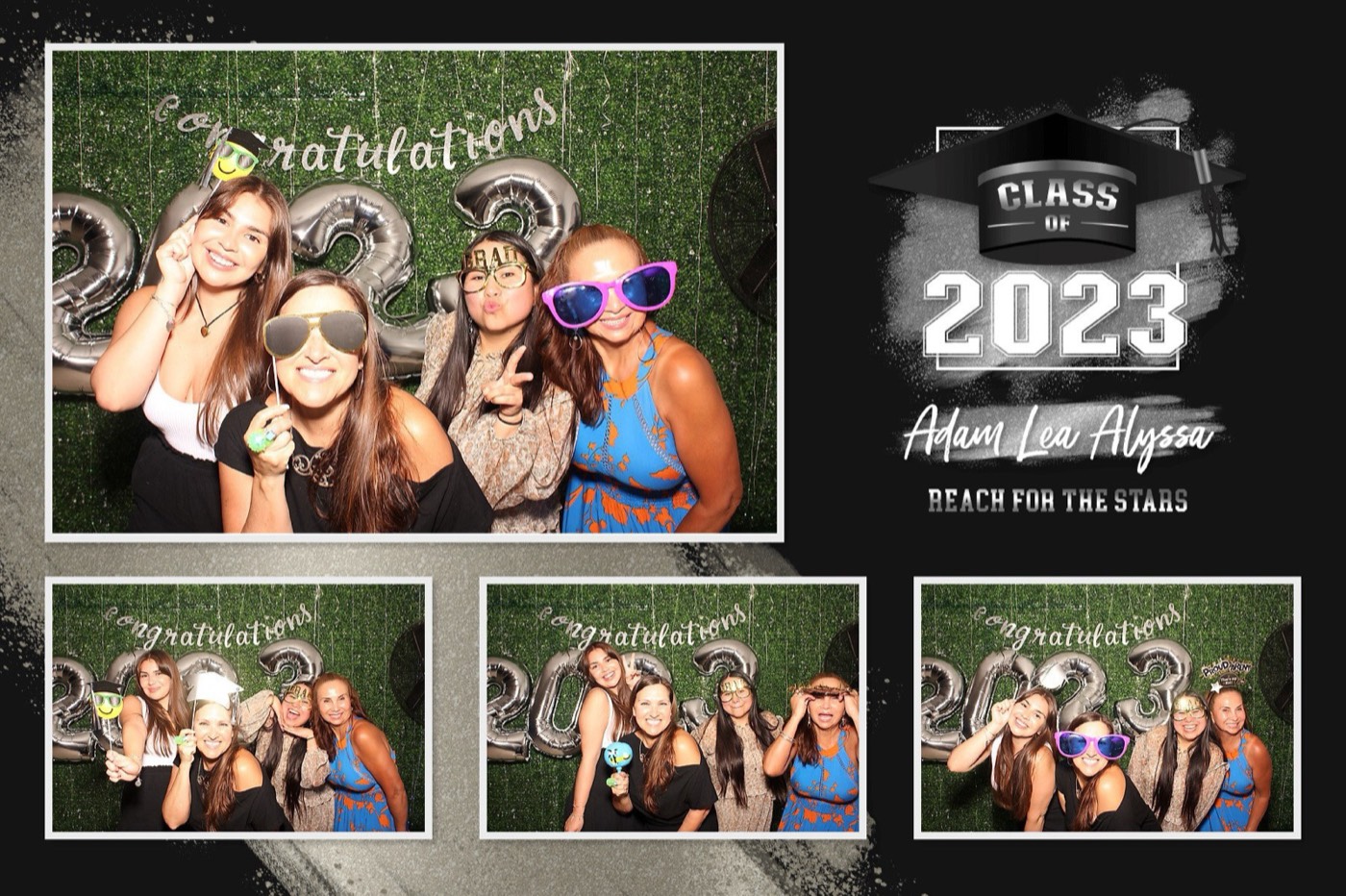 A finished 4×6 Class of 2023 graduation print of friends with props