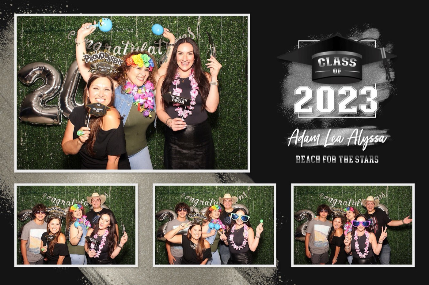 A finished 4×6 Class of 2023 graduation print of guests in colorful glasses