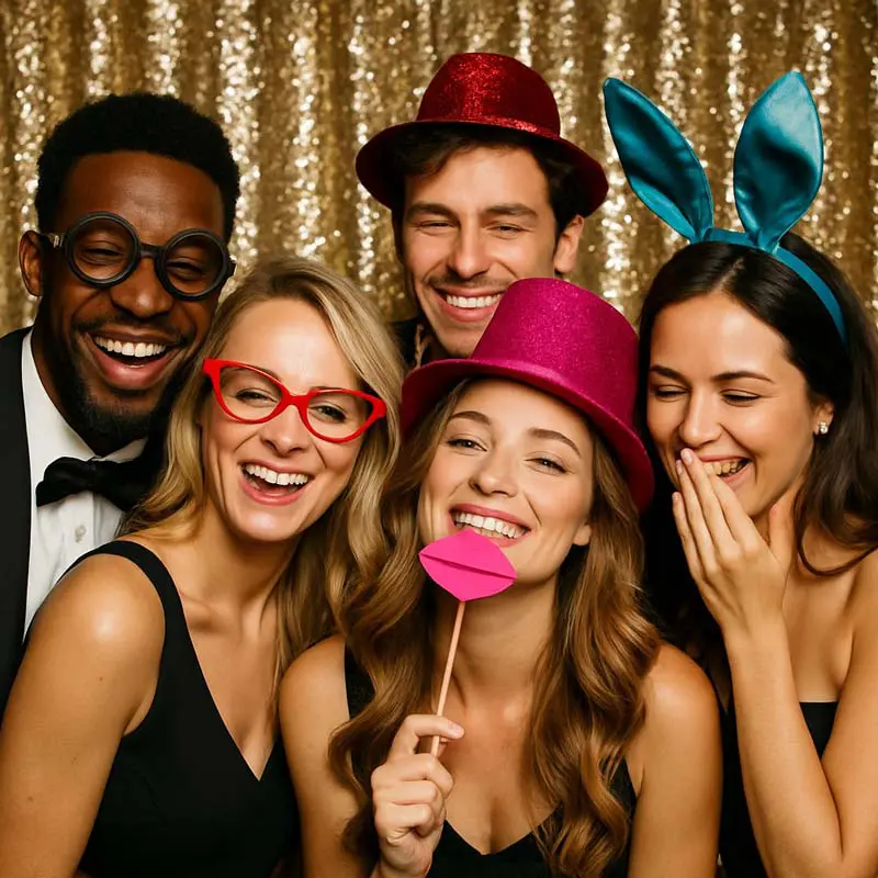 Friends posing with hats and funny props in a photo booth rental by Mr Booth in San Antonio.
