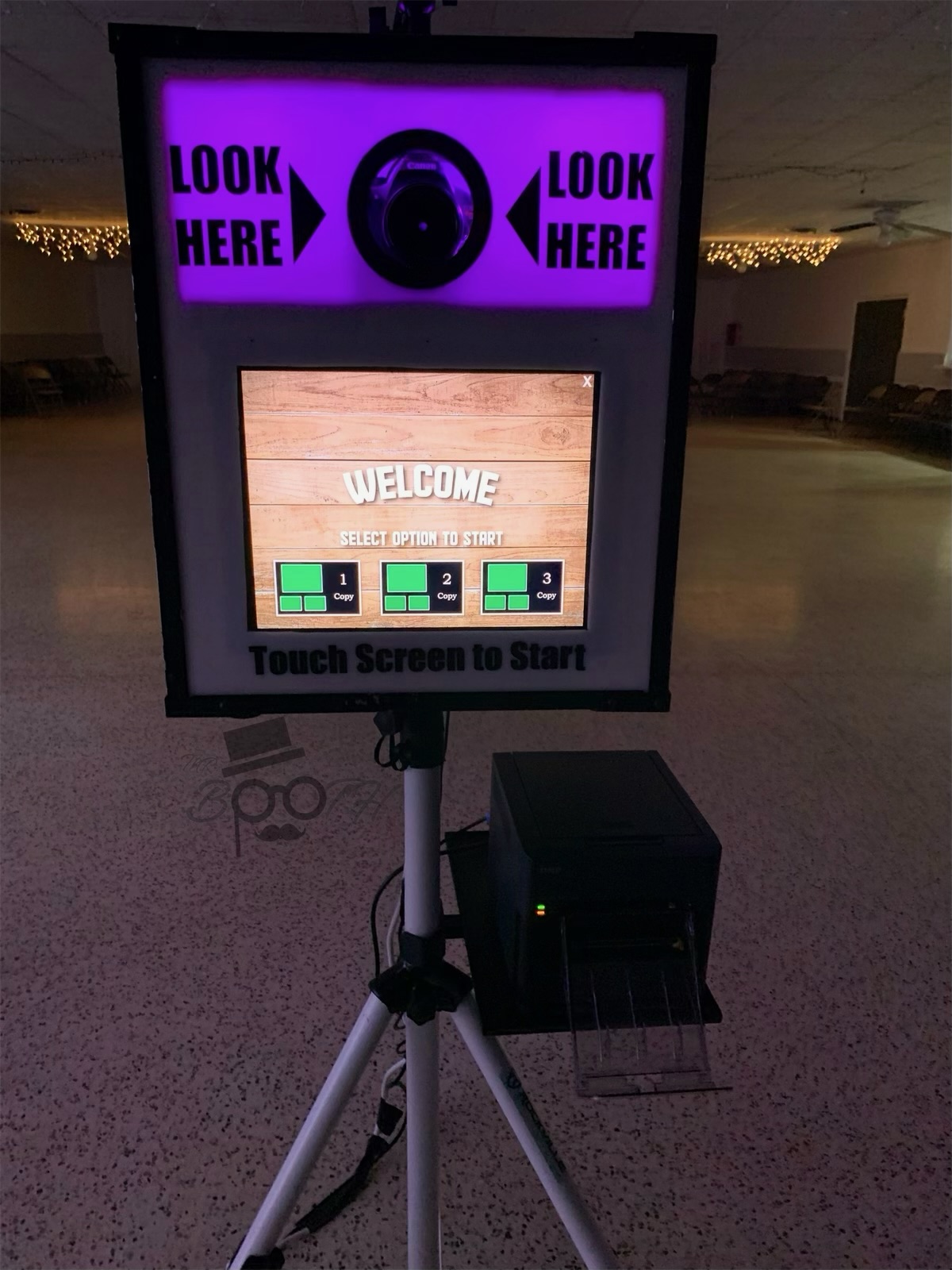 DIY PartyPic photo booth rental setup with touchscreen and printer for events in San Antonio by Mr Booth.